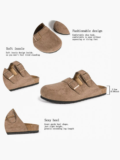 Light Brown Suede Double Buckle Boston Clogs – Women's Closed Toe Cork Mule with Bronze Hardware YISHIFAN