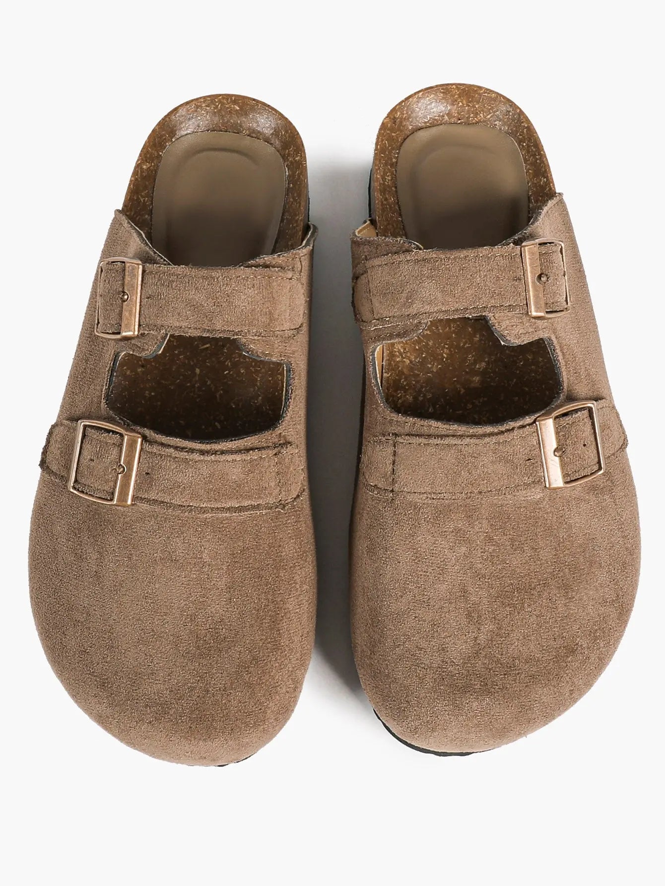 Light Brown Suede Double Buckle Boston Clogs – Women's Closed Toe Cork Mule with Bronze Hardware YISHIFAN