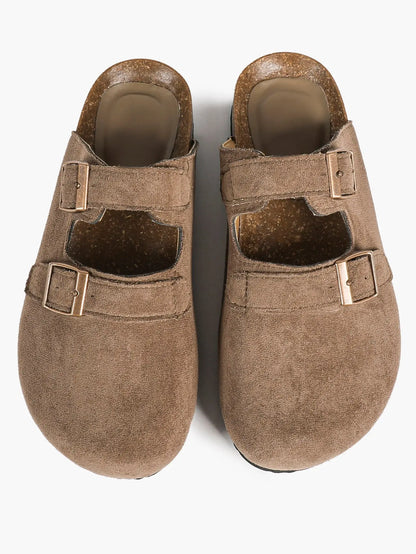 Light Brown Suede Double Buckle Boston Clogs – Women's Closed Toe Cork Mule with Bronze Hardware YISHIFAN