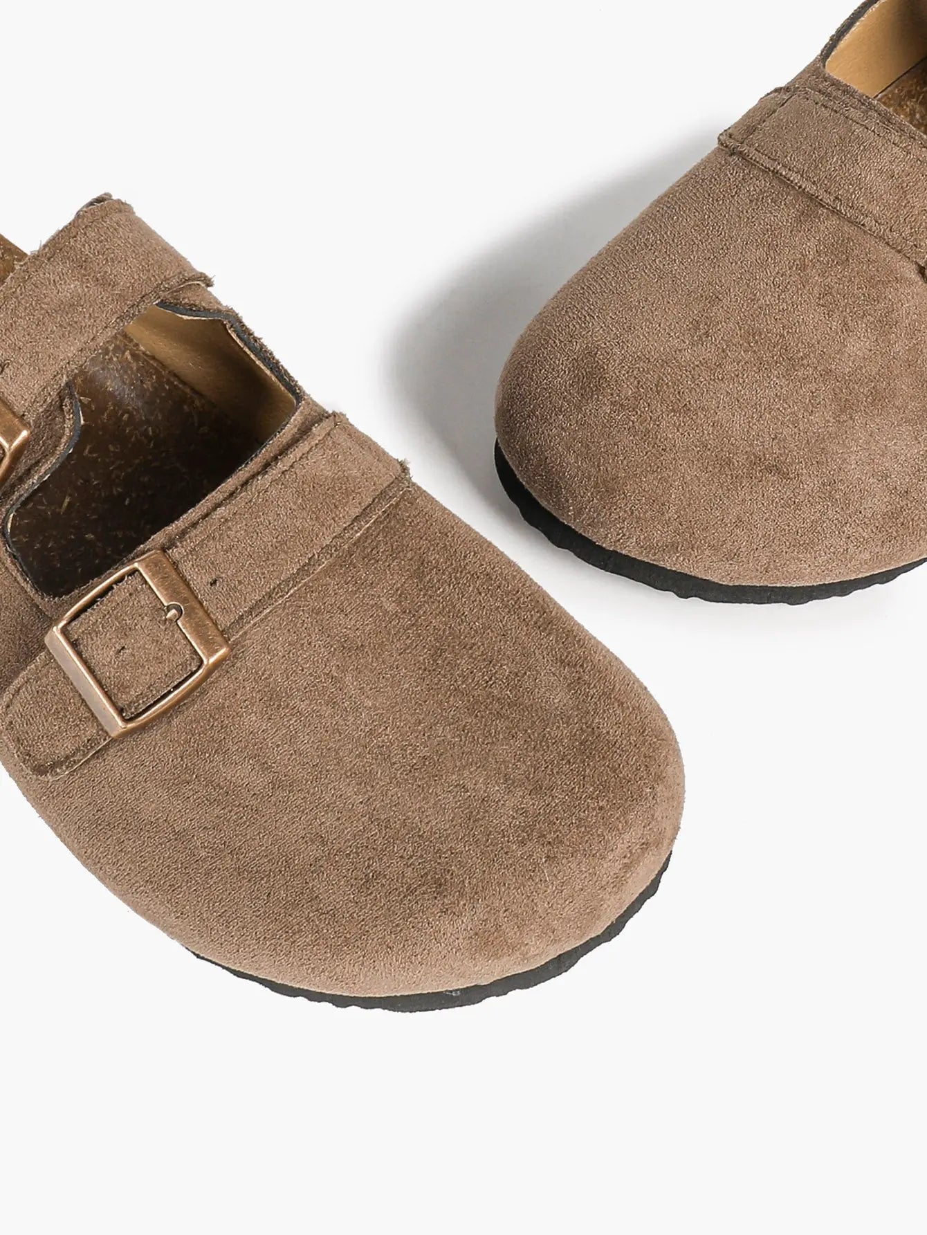 Light Brown Suede Double Buckle Boston Clogs – Women's Closed Toe Cork Mule with Bronze Hardware YISHIFAN