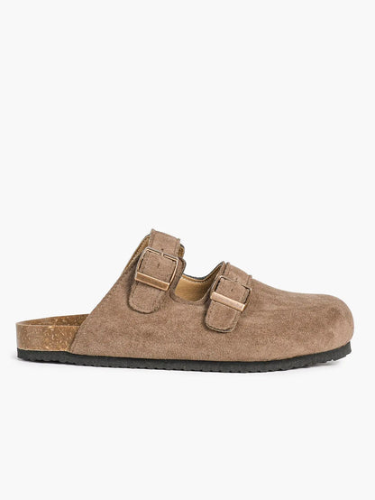 Light Brown Suede Double Buckle Boston Clogs – Women's Closed Toe Cork Mule with Bronze Hardware YISHIFAN