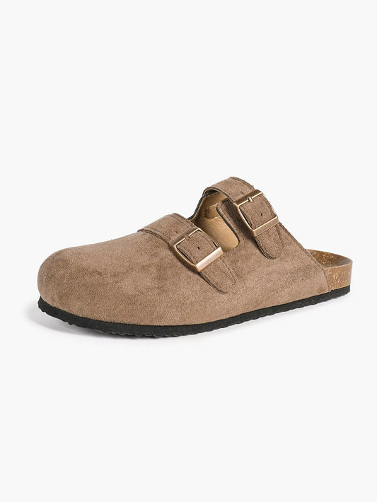 Light Brown Suede Double Buckle Boston Clogs – Women's Closed Toe Cork Mule with Bronze Hardware YISHIFAN
