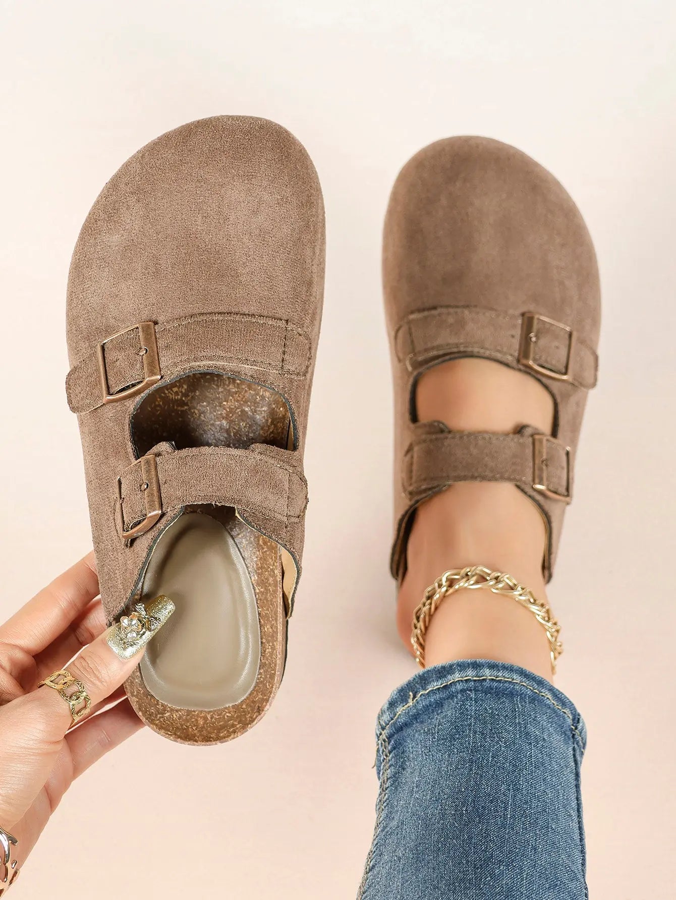 Light Brown Suede Double Buckle Boston Clogs – Women's Closed Toe Cork Mule with Bronze Hardware YISHIFAN