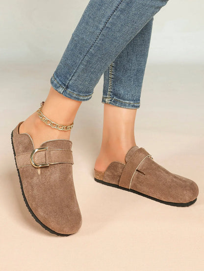 Light Brown Distressed Suede Oversized D-Ring Boston Clogs – Women's Cork Platform Closed Toe Mule YISHIFAN