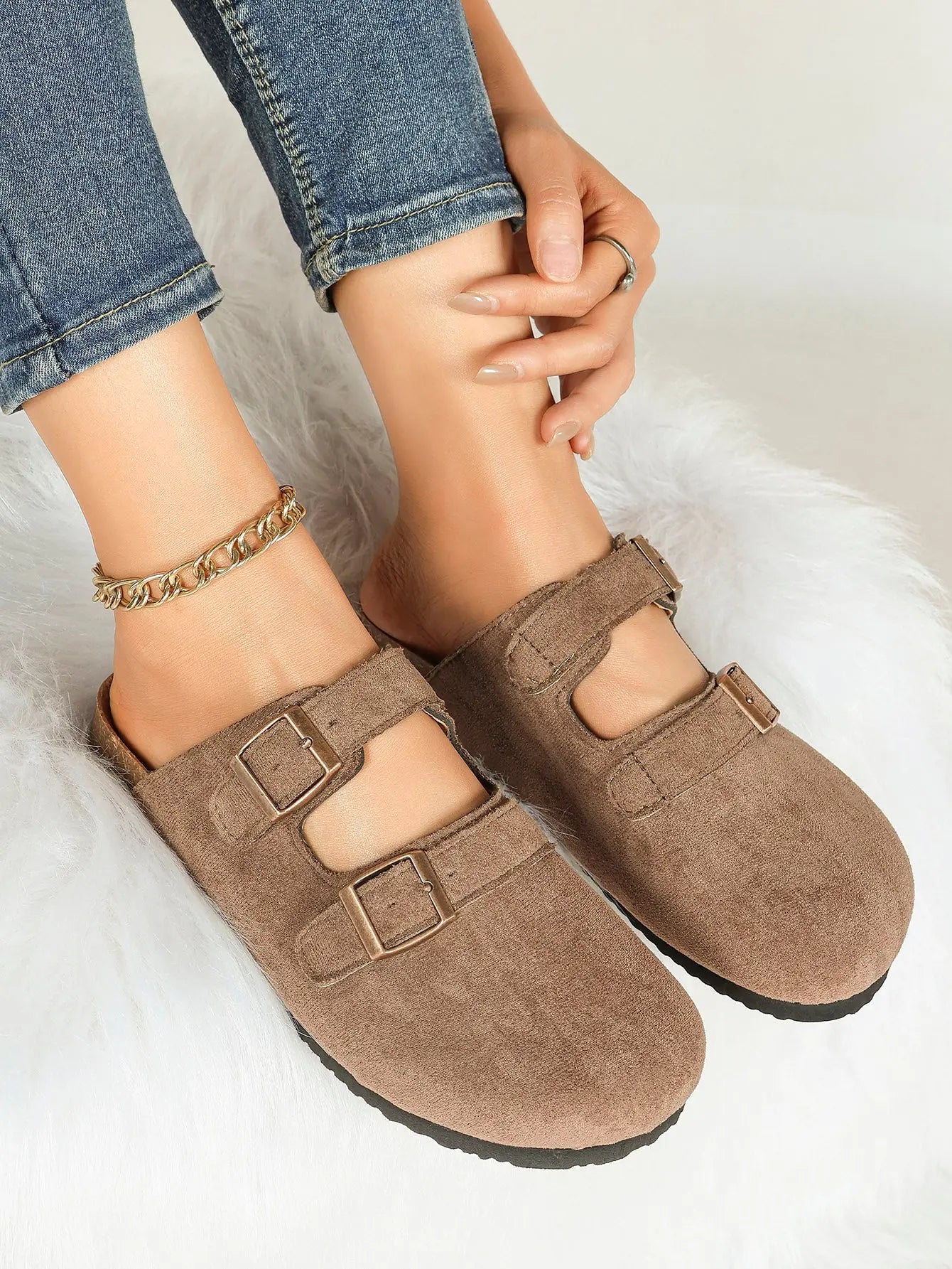 Light Brown Suede Double Buckle Boston Clogs – Women's Closed Toe Cork Mule with Bronze Hardware YISHIFAN