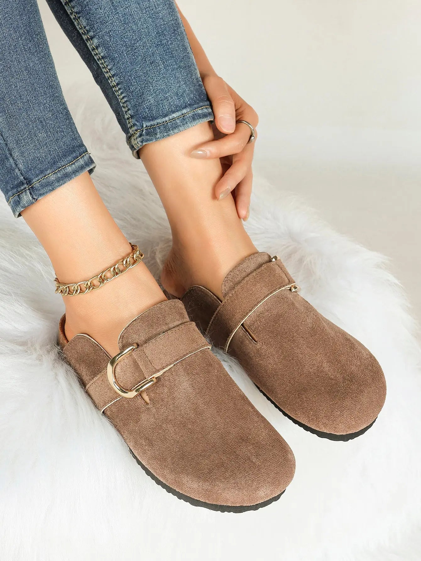 Light Brown Distressed Suede Oversized D-Ring Boston Clogs – Women's Cork Platform Closed Toe Mule YISHIFAN