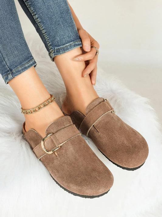 Light Brown Distressed Suede Oversized D-Ring Boston Clogs – Women's Cork Platform Closed Toe Mule YISHIFAN