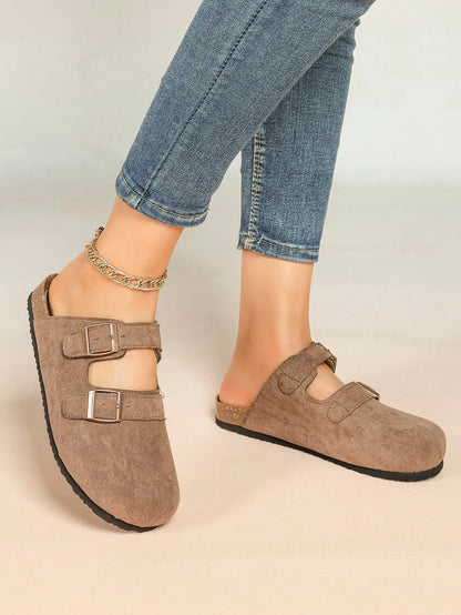 Light Brown Suede Double Buckle Boston Clogs – Women's Closed Toe Cork Mule with Bronze Hardware YISHIFAN