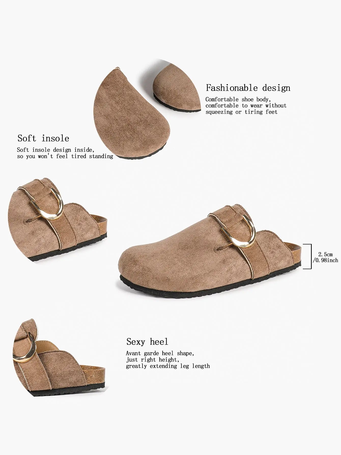 Light Brown Distressed Suede Oversized D-Ring Boston Clogs – Women's Cork Platform Closed Toe Mule YISHIFAN