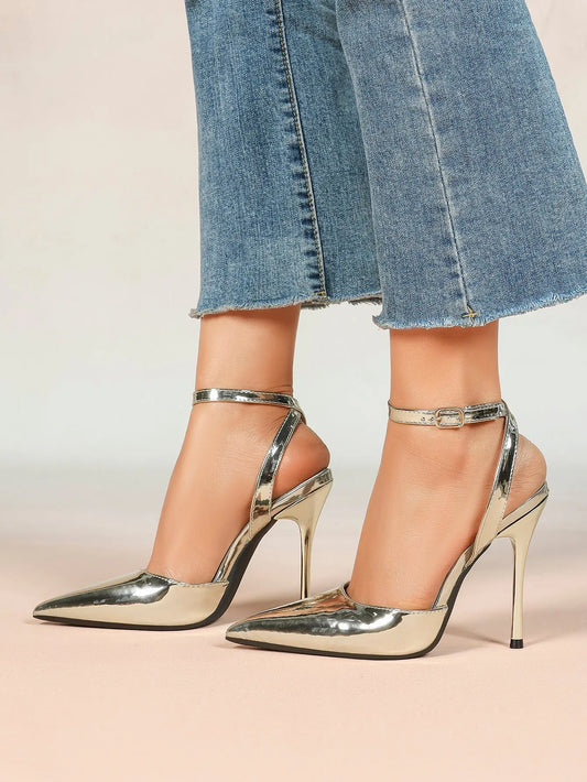 Women's Metallic Gloss Pointed Toe Adjustable Ankle Strap Heels Slingback Heel for Party Wedding Evening Club YISHIFAN