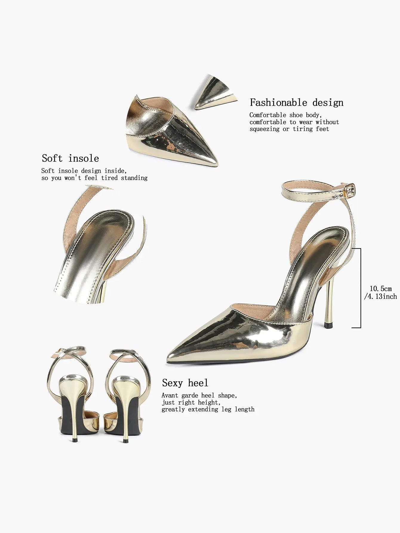 Women's Metallic Gloss Pointed Toe Adjustable Ankle Strap Heels Slingback Heel for Party Wedding Evening Club YISHIFAN