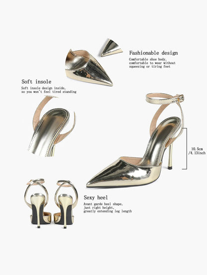 Women's Metallic Gloss Pointed Toe Adjustable Ankle Strap Heels Slingback Heel for Party Wedding Evening Club YISHIFAN