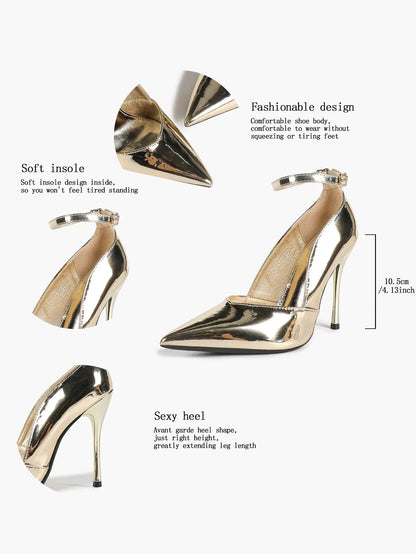 Women's Metallic Light Gold Pointed Toe Ankle Strap Slingback Pumps Stiletto High Heels 10.5CM Dress Shoes YISHIFAN