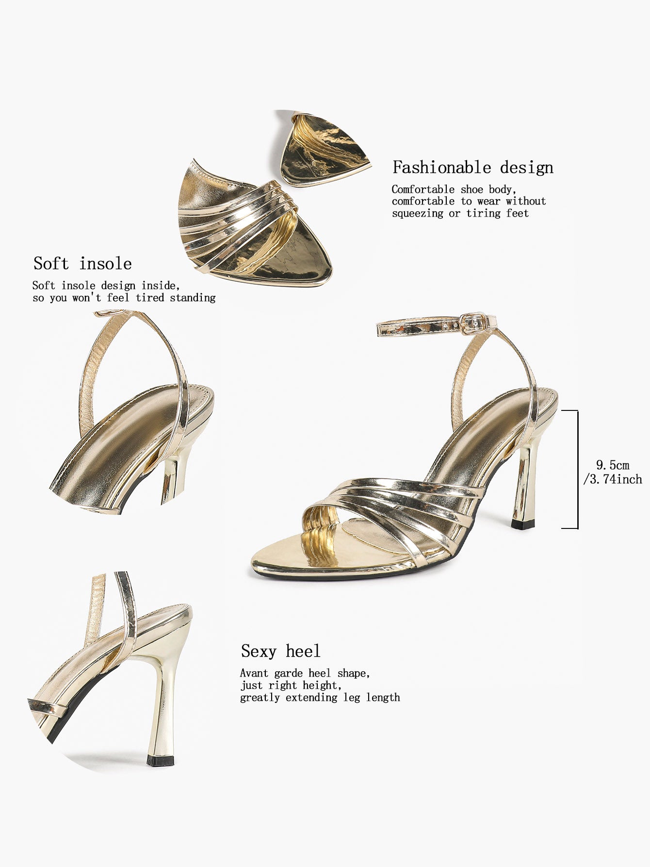 Champagne Gold Multi-Strap Stilettos Pointed Open Toe Ankle Buckle Sandals Layered Straps Elegant Party Shoes