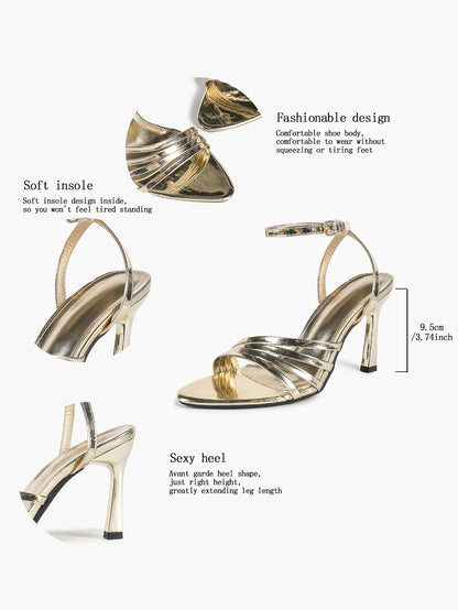 Champagne Gold Multi-Strap Stilettos Pointed Open Toe Ankle Buckle Sandals Layered Straps Elegant Party Shoes