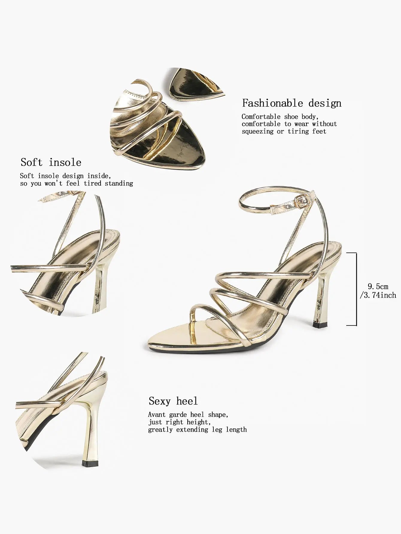 Women's Light Gold Multi-Strap High Heel Sandals Open Toe Ankle Wrap Stiletto with Buckle YISHIFAN