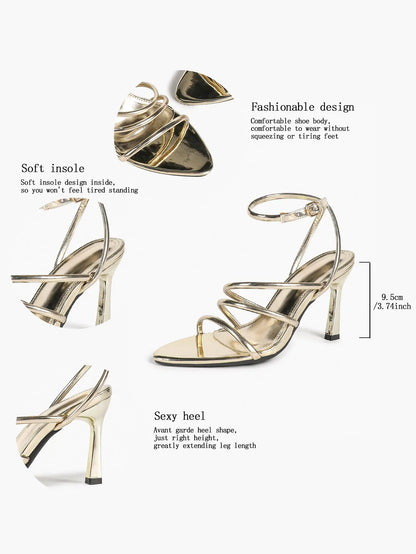 Women's Light Gold Multi-Strap High Heel Sandals Open Toe Ankle Wrap Stiletto with Buckle YISHIFAN