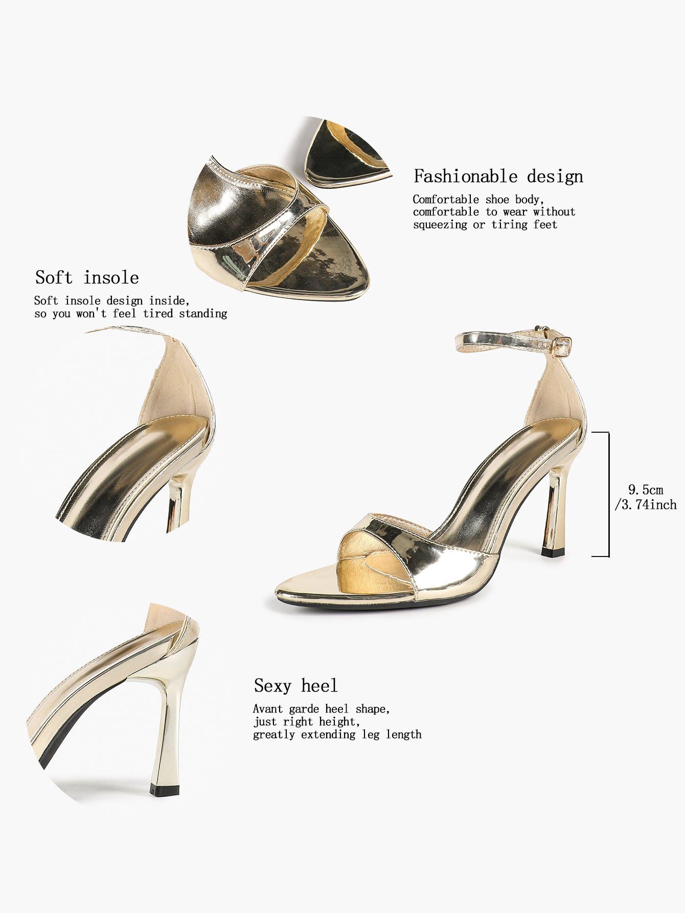 Light Gold Metallic Single Band Stilettos Pointed Open Toe Ankle Strap Buckle Elegant Evening Shoes