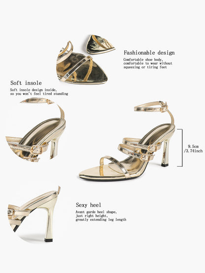 Gold Metallic Three-Band Ankle Strap Sandals Stiletto Heel Pointed Open Toe Adjustable Buckles Evening Date Shoes