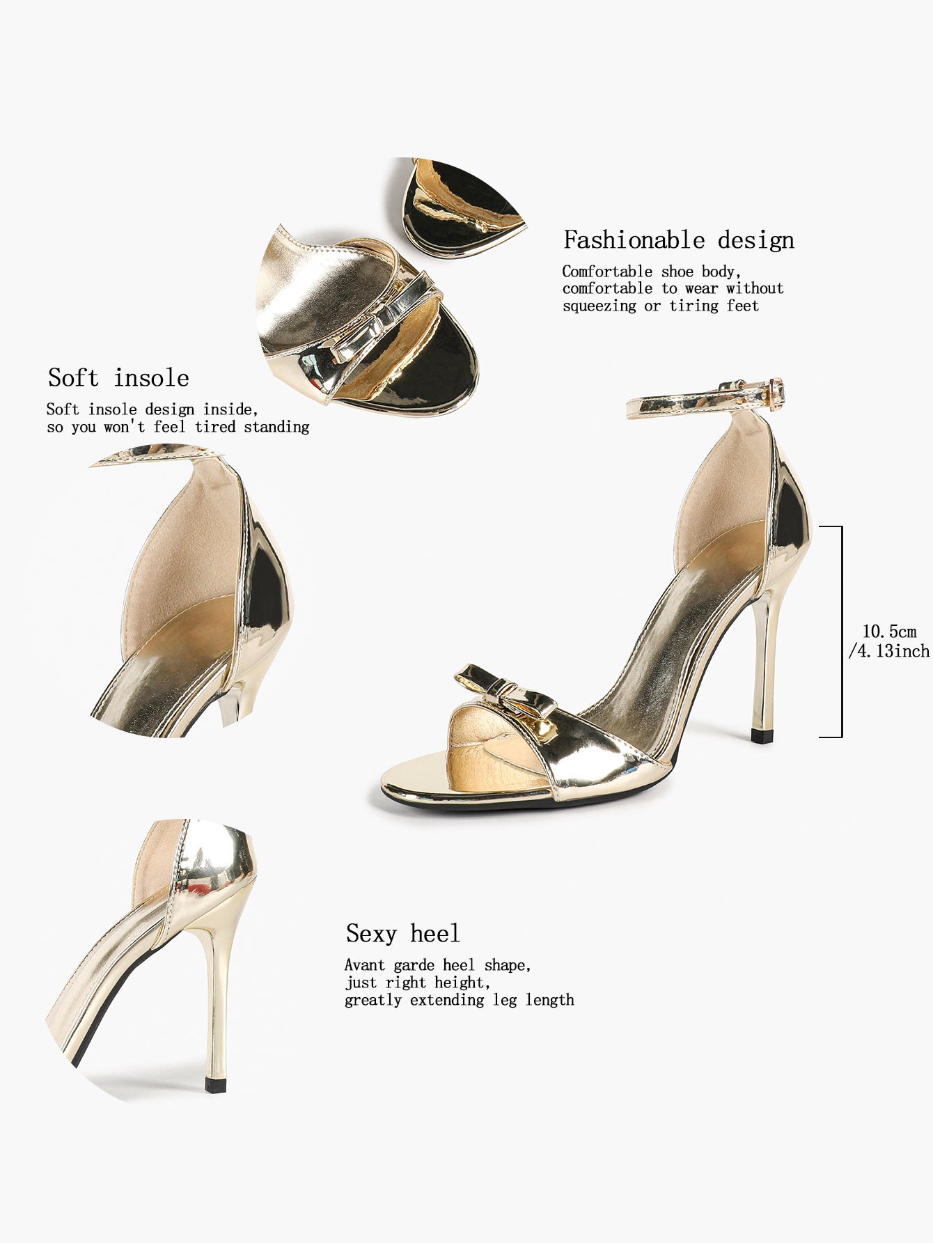 Gold Metallic Ankle Strap Stiletto Heels Open Toe Bow Sandals Dress Shoes