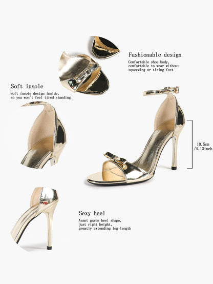 Gold Metallic Ankle Strap Stiletto Heels Open Toe Bow Sandals Dress Shoes