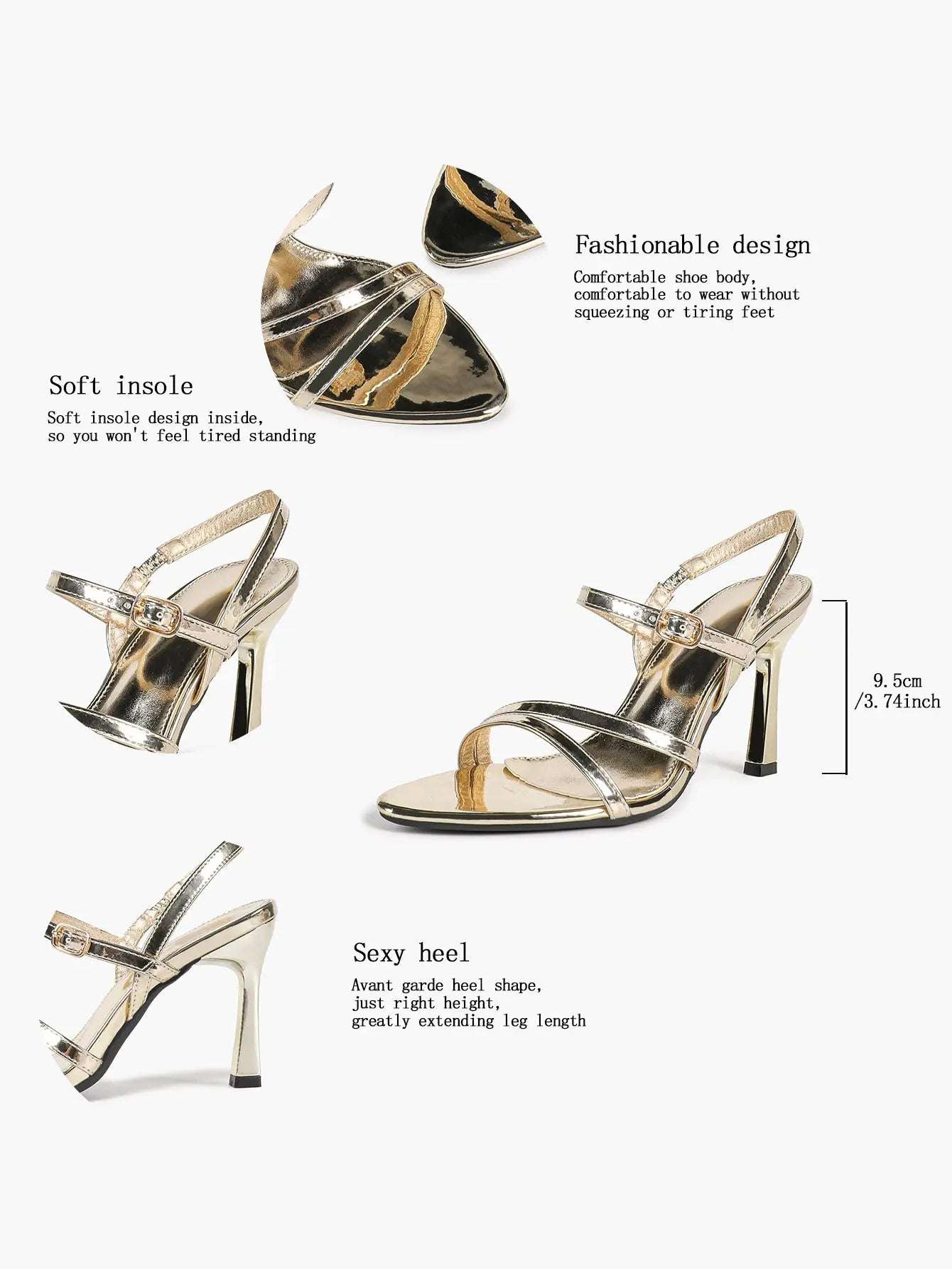 Women's Metallic Gold Strappy High Heel Sandals Open Toe Slingback Stiletto with Ankle Buckle YISHIFAN