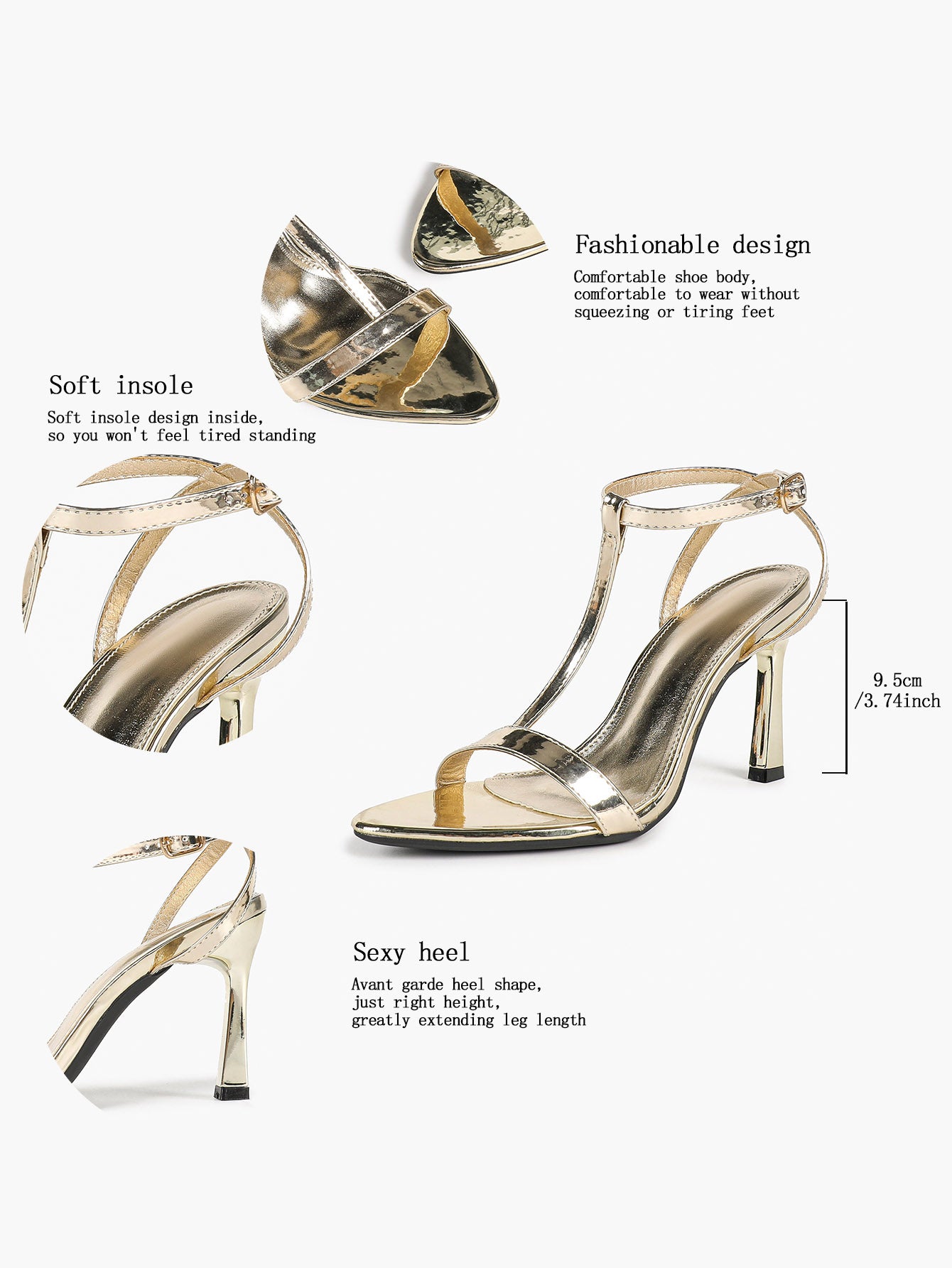 Light Gold Metallic T-Strap Stiletto Sandals Pointed Open Toe Ankle Buckle Heels Elegant Party Shoes