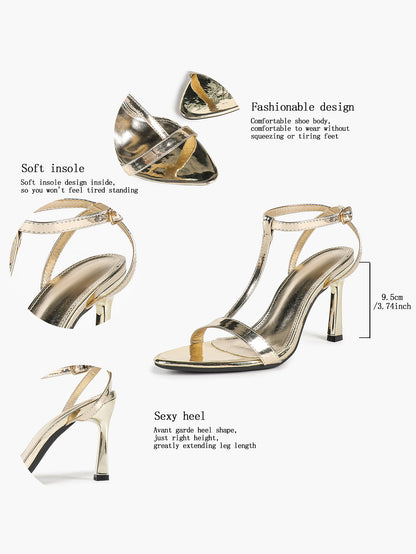 Light Gold Metallic T-Strap Stiletto Sandals Pointed Open Toe Ankle Buckle Heels Elegant Party Shoes