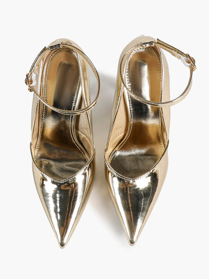 Women's Metallic Light Gold Pointed Toe Ankle Strap Slingback Pumps Stiletto High Heels 10.5CM Dress Shoes YISHIFAN