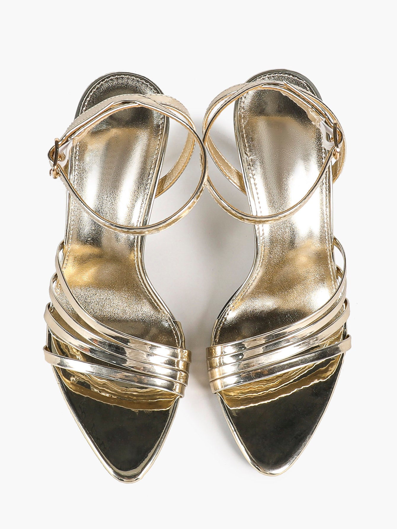 Champagne Gold Multi-Strap Stilettos Pointed Open Toe Ankle Buckle Sandals Layered Straps Elegant Party Shoes