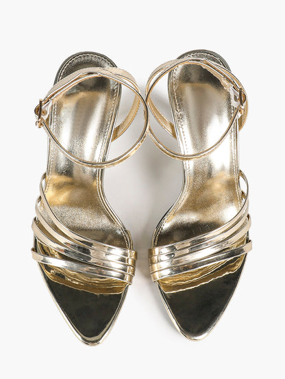 Champagne Gold Multi-Strap Stilettos Pointed Open Toe Ankle Buckle Sandals Layered Straps Elegant Party Shoes