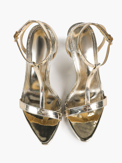 Light Gold Metallic T-Strap Stiletto Sandals Pointed Open Toe Ankle Buckle Heels Elegant Party Shoes