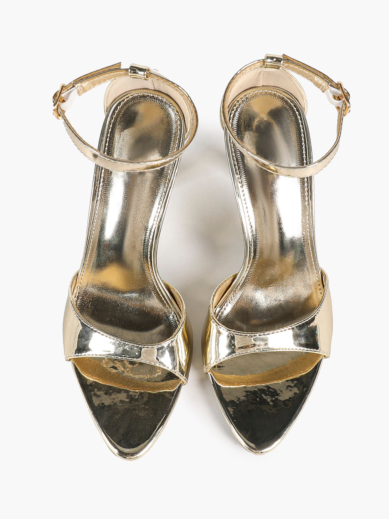 Light Gold Metallic Single Band Stilettos Pointed Open Toe Ankle Strap Buckle Elegant Evening Shoes