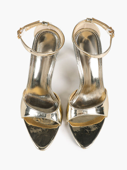 Light Gold Metallic Single Band Stilettos Pointed Open Toe Ankle Strap Buckle Elegant Evening Shoes