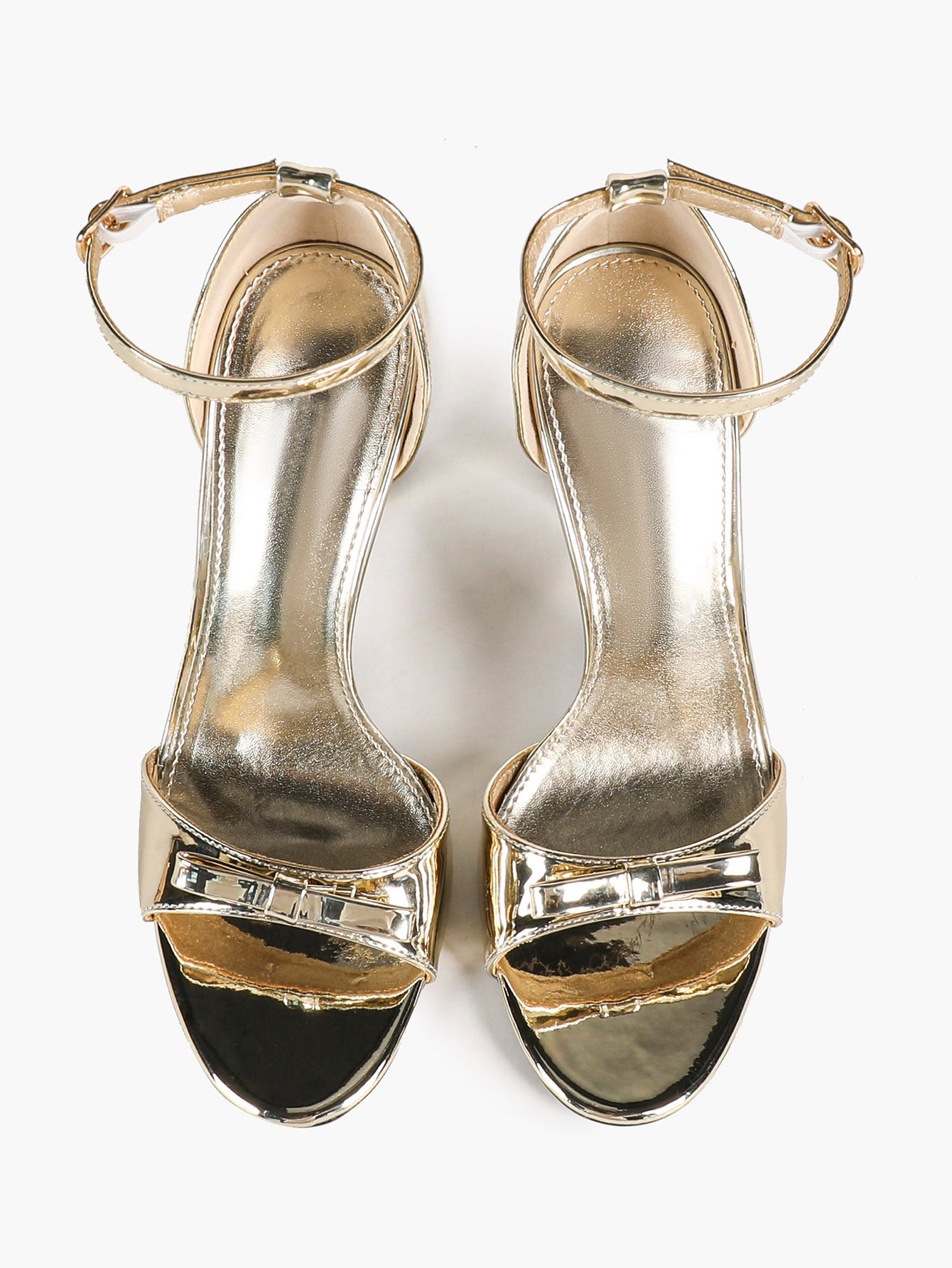 Gold Metallic Ankle Strap Stiletto Heels Open Toe Bow Sandals Dress Shoes