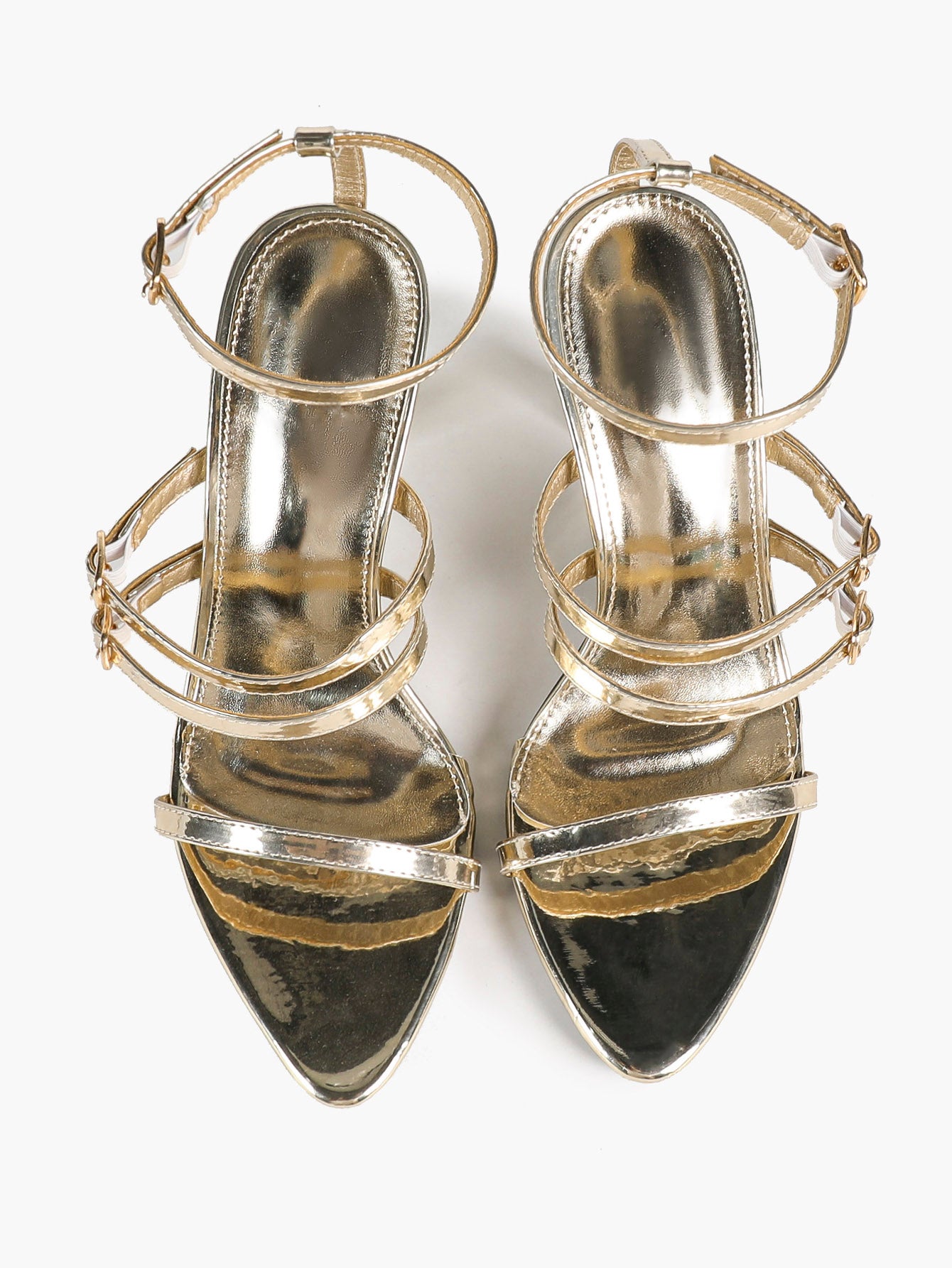 Gold Metallic Three-Band Ankle Strap Sandals Stiletto Heel Pointed Open Toe Adjustable Buckles Evening Date Shoes