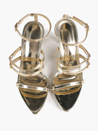 Gold Metallic Three-Band Ankle Strap Sandals Stiletto Heel Pointed Open Toe Adjustable Buckles Evening Date Shoes