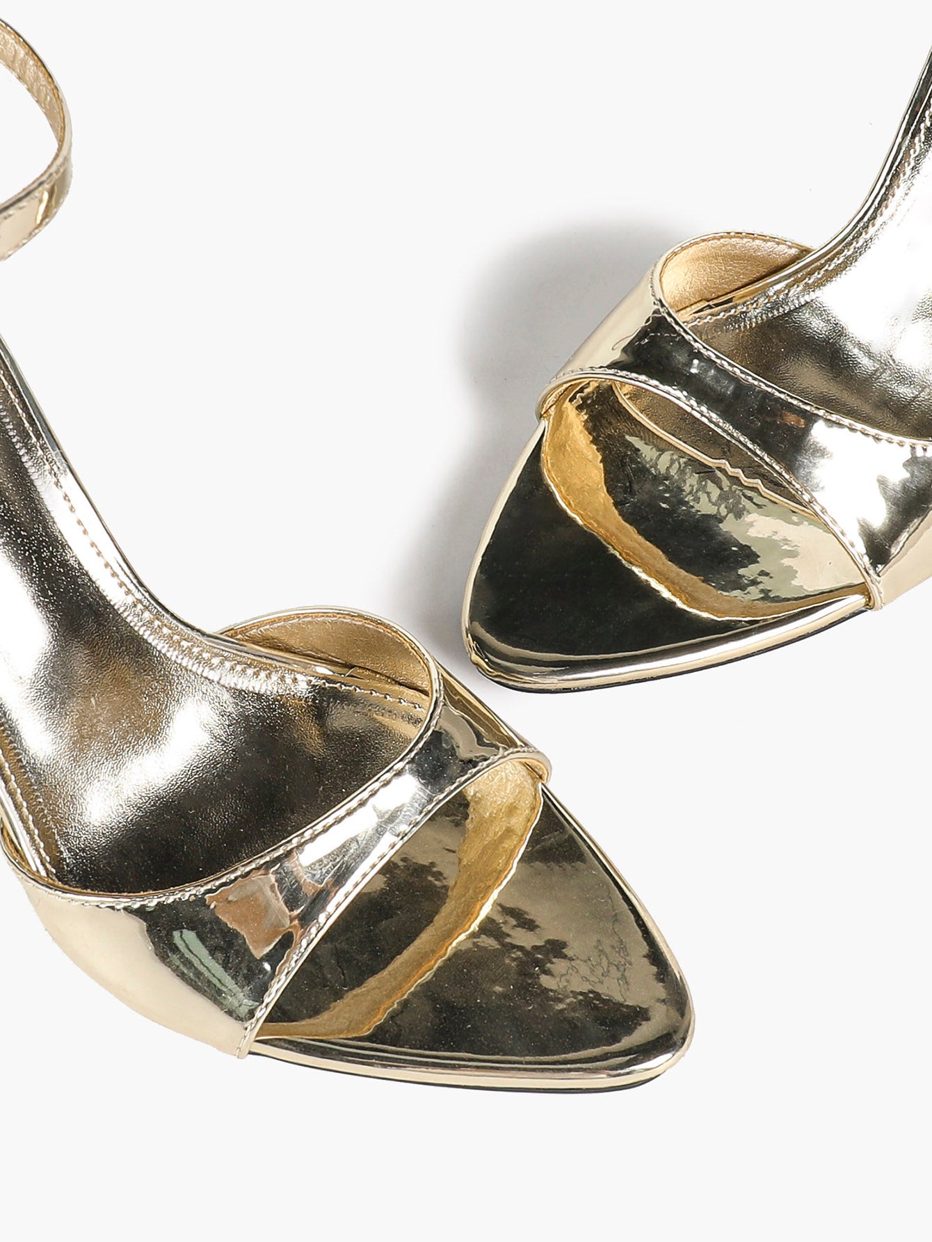 Light Gold Metallic Single Band Stilettos Pointed Open Toe Ankle Strap Buckle Elegant Evening Shoes