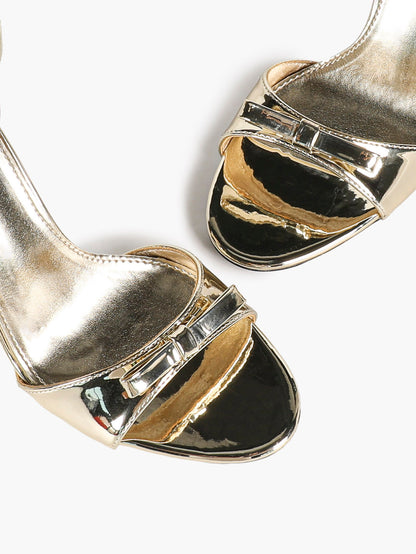 Gold Metallic Ankle Strap Stiletto Heels Open Toe Bow Sandals Dress Shoes