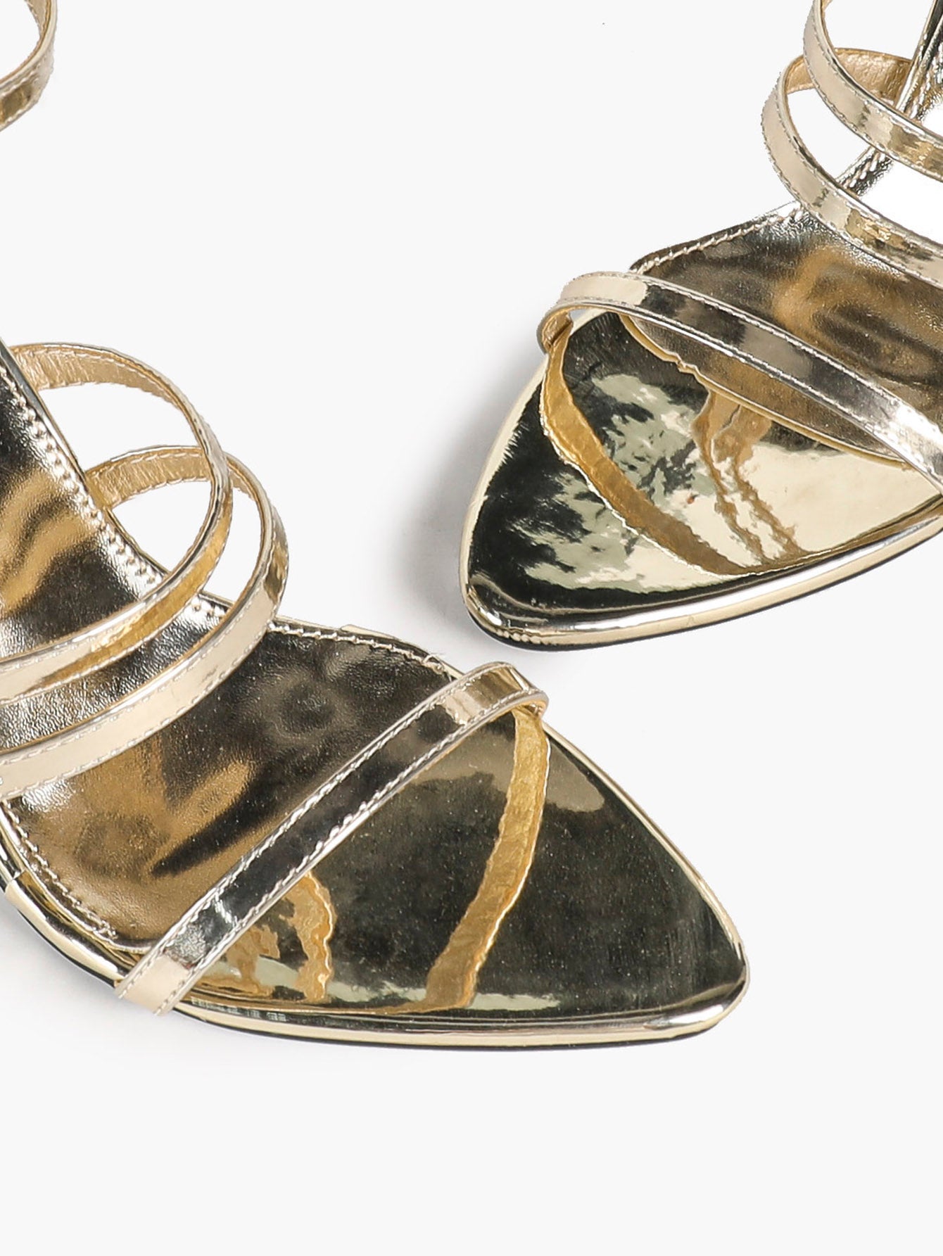 Gold Metallic Three-Band Ankle Strap Sandals Stiletto Heel Pointed Open Toe Adjustable Buckles Evening Date Shoes