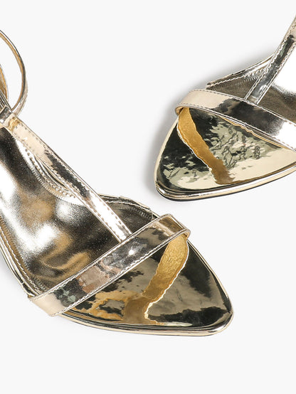 Light Gold Metallic T-Strap Stiletto Sandals Pointed Open Toe Ankle Buckle Heels Elegant Party Shoes