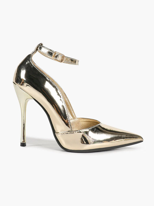 Women's Metallic Light Gold Pointed Toe Ankle Strap Slingback Pumps Stiletto High Heels 10.5CM Dress Shoes YISHIFAN