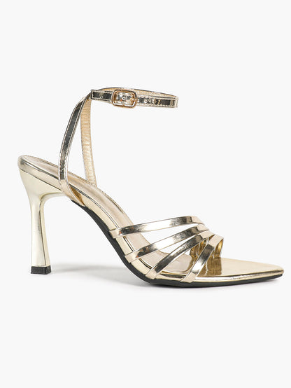 Champagne Gold Multi-Strap Stilettos Pointed Open Toe Ankle Buckle Sandals Layered Straps Elegant Party Shoes
