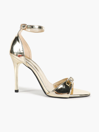 Gold Metallic Ankle Strap Stiletto Heels Open Toe Bow Sandals Dress Shoes