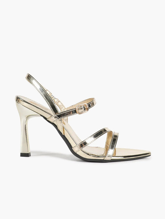 Women's Metallic Gold Strappy High Heel Sandals Open Toe Slingback Stiletto with Ankle Buckle YISHIFAN