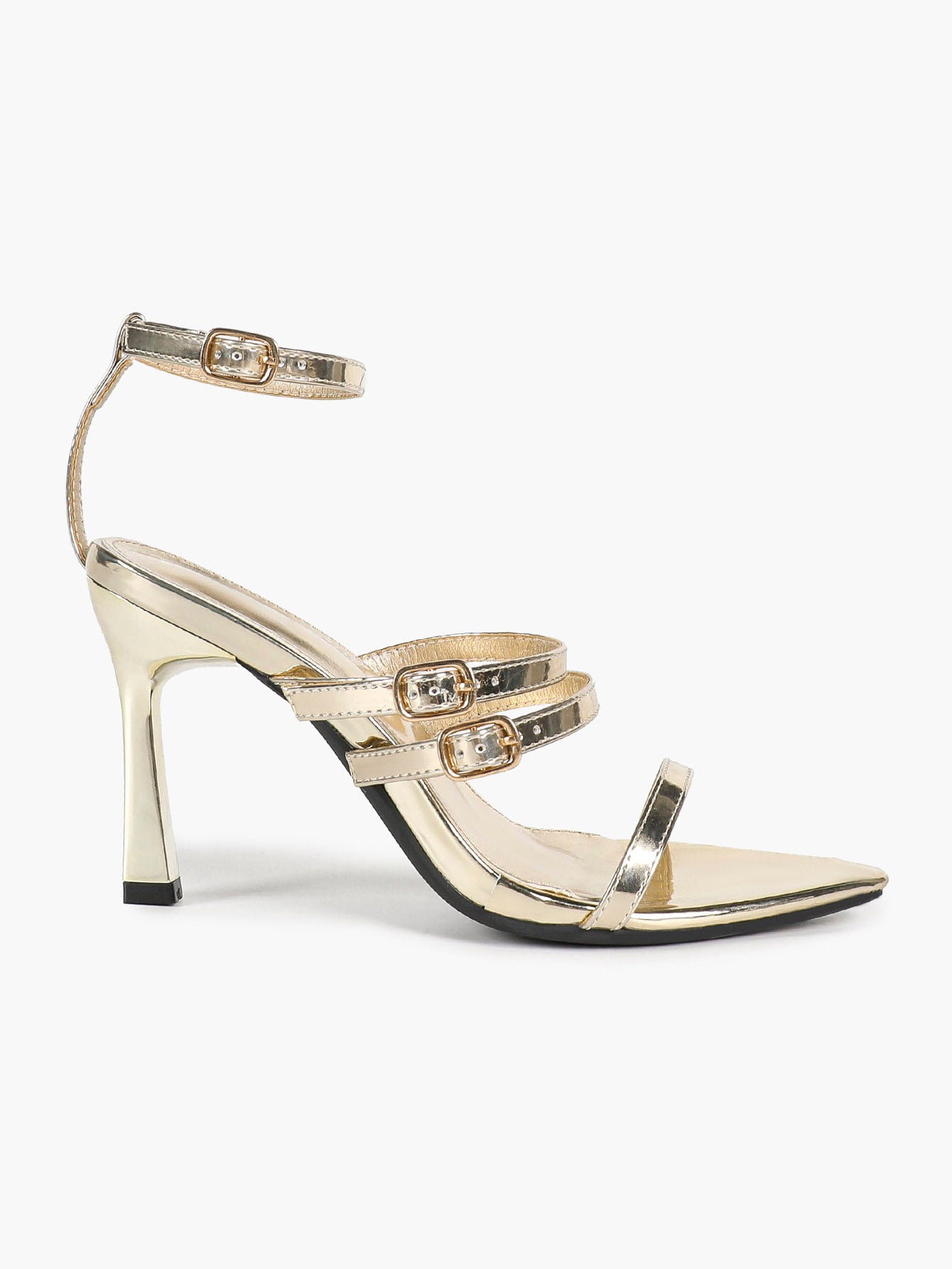 Gold Metallic Three-Band Ankle Strap Sandals Stiletto Heel Pointed Open Toe Adjustable Buckles Evening Date Shoes