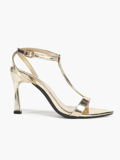 Light Gold Metallic T-Strap Stiletto Sandals Pointed Open Toe Ankle Buckle Heels Elegant Party Shoes