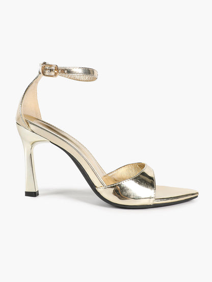 Light Gold Metallic Single Band Stilettos Pointed Open Toe Ankle Strap Buckle Elegant Evening Shoes
