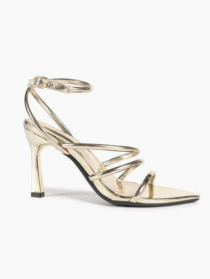 Women's Light Gold Multi-Strap High Heel Sandals Open Toe Ankle Wrap Stiletto with Buckle YISHIFAN