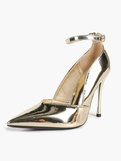 Women's Metallic Light Gold Pointed Toe Ankle Strap Slingback Pumps Stiletto High Heels 10.5CM Dress Shoes YISHIFAN